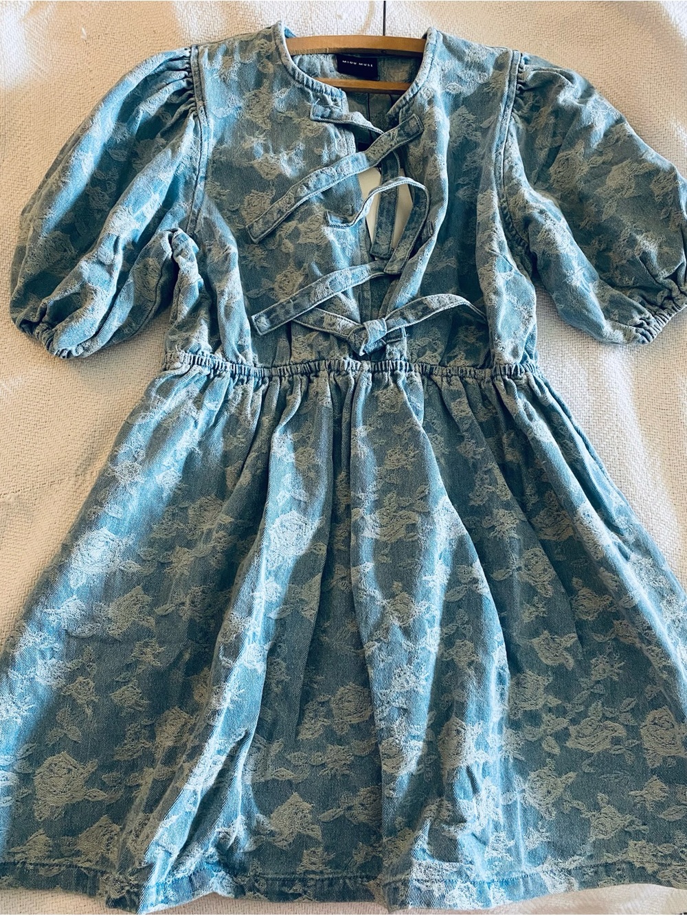 NWT Boutique Denim Floral print Dress w/ pockets Tie-Front Puff Sleeve Midi Dres - Picture 2 of 10